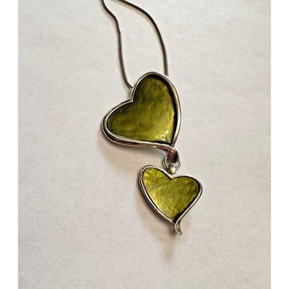 Vintage-Style 20" Heart Pendant Necklace – Double Green enamel  Hearts - Picture 2 of 7